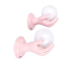 Pair of two pink ceramic hand lamps