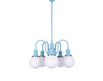 Blue French chandelier with opaline glass globes – Vintage design lighting from the 1980s