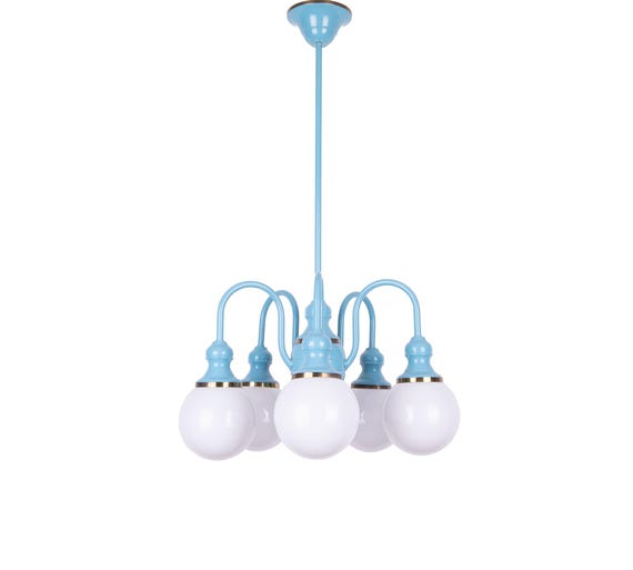 Blue French chandelier with opaline glass globes – Vintage design lighting from the 1980s