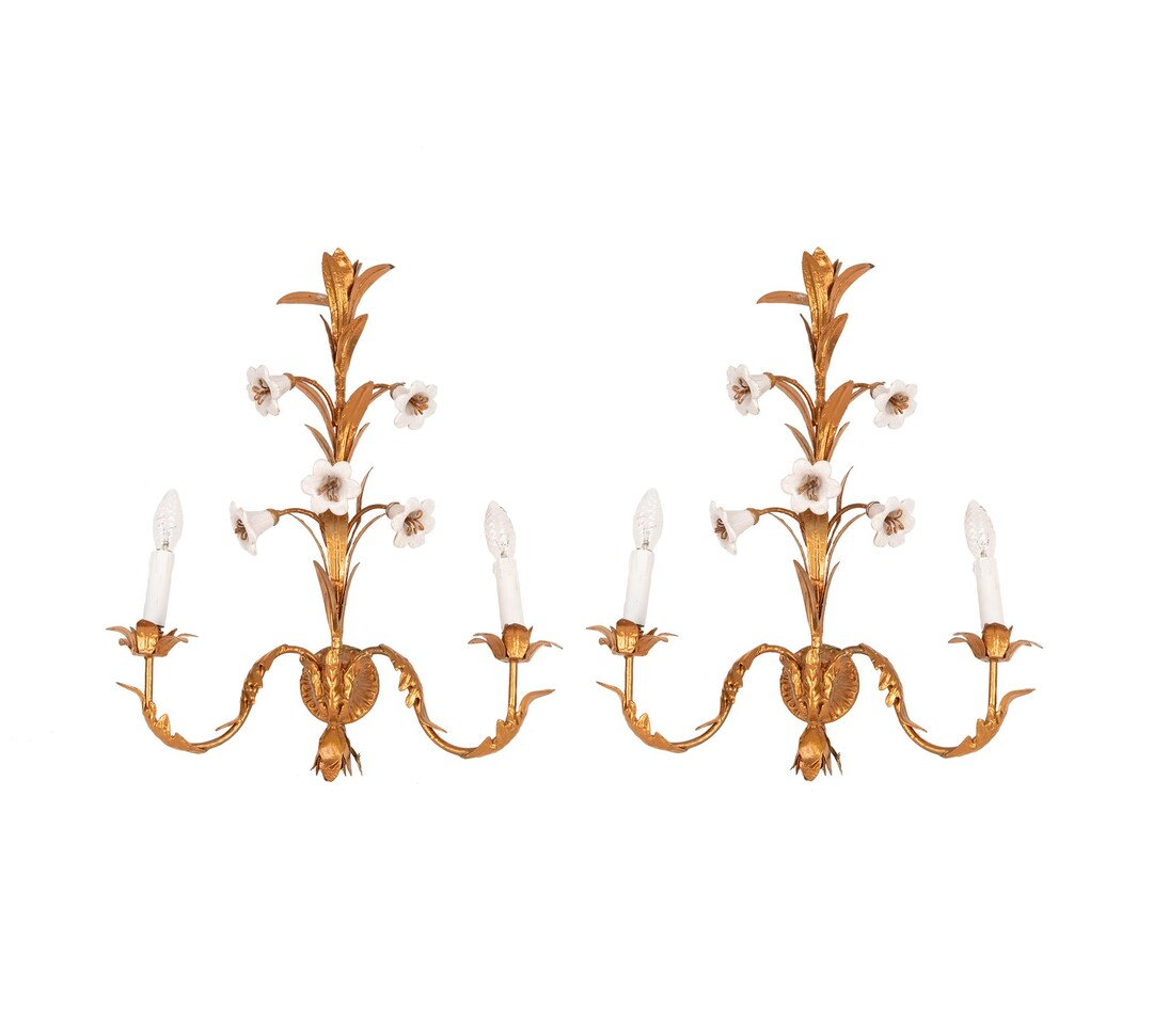 A Pair of Large Gold Italian Wall Sconces With Porcelain Paste Flowers ...