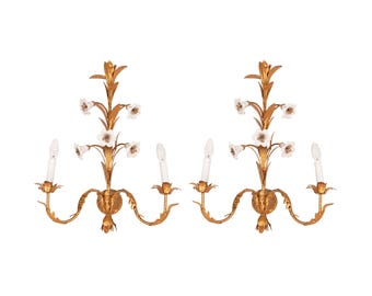 A pair of large gold Italian wall sconces with porcelain paste flowers - Italian design lighting mid-20th Century - identical pair