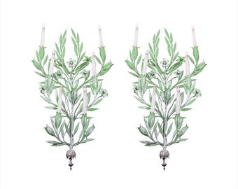 Pair of 1950s Large Green Wrought Iron Wall Sconces With Flowers