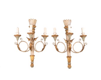 Pair of 1960s Italian Hand Carved and Hand Painted Wall Sconces
