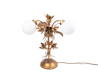 Large gilt Italian flower table lamp designed by Hans Kögl with opaline glass globes
