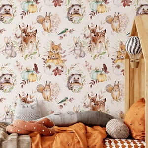 Animal Woodland Nursery Wallpaper | Cute Pumpkins and Animals Wallpaper For Nursery, Playroom, Kids Room - Fall & Forest Decor, Kid-Friendly