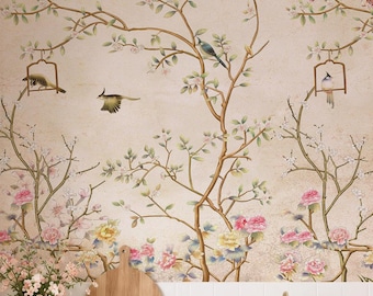 Chinoiserie Bird Wallpaper Vintage Botanical Peel and Stick Boho Wall Art Pink Floral