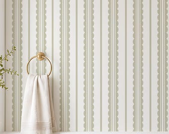 Scallop Stripe Peel and Stick Wallpaper Sage Green Striped Wallpaper English Cottage Removable Wallpaper Scalloped Pattern Wallpaper A121