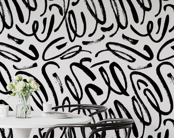 Abtract Black & White Signature Style Removable Wallpaper For Office, Home Decor - Modern Line Art Wallpaper - Different Materials/Vinyl