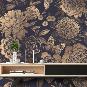 Metallic Wallpaper Wall Art, Large Floral Wallpaper, Peel and Stick Removable Wallpaper, Dark Wallpaper, Luxury Floral Wallpaper, AF003