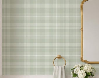 Tartan Peel and Stick Wallpaper Plaid Removable Wallpaper Checkered Green Wallpaper Sage Green Wallpaper Neutral Pattern Wall Decor A107