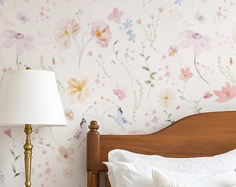 Grandmillennial Peel and Stick Wallpaper Watercolor Floral Removable Wallpaper Hand Painted Butterfly Wall Paper Cottagecore Wall Paper F130