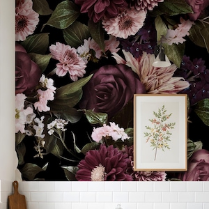 Burgundy Wallpaper Dark Floral Peel and Stick Wallpaper Hydrangea Flowers Mural Wall Paper Vintage Floral Cottagecore Decor Dark Academia
