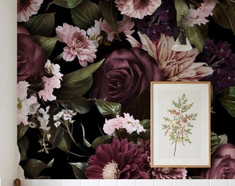Burgundy Wallpaper Dark Floral Peel and Stick Wallpaper Hydrangea Flowers Mural Wall Paper Vintage Floral Cottagecore Decor Dark Academia