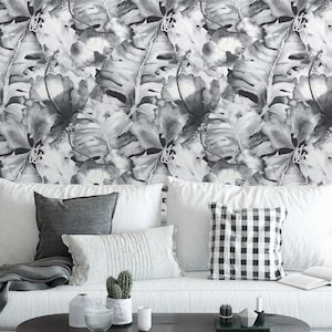 Monochrome Monstera Wallpaper  Peel & Stick Botanical Mural  Black White Palm Leaves Modern Dark Wallpaper Retro Whimsical Decor - Vinyl