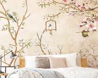 Asian Tree and Birds Wallpaper, Removable Peel and Stick Wallpaper, Floral Chinoiserie Wallpaper, Cherry Blossom Floral Wallpaper,