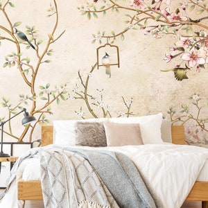 Asian Tree and Birds Wallpaper, Removable Peel and Stick Wallpaper, Floral Chinoiserie Wallpaper, Cherry Blossom Floral Wallpaper,