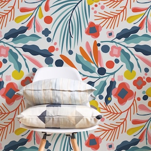 Peel and Stick Wallpaper, Scandinavian Floral Wallpaper for Home Decor, Colorful Retro Theme Wallpaper Mural, Funky Pre-Pasted Wall Art