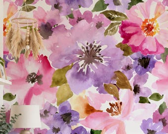 Peel and Stick Wallpaper Purple Floral Wallpaper Country Cottage Wallpaper Oversized Floral Wall Mural for Bedroom Wall Decor Custom AF026