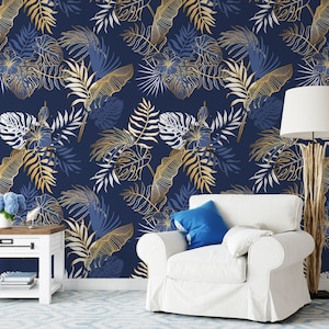Modern Tropical Gold Palm Tree Wallpaper on Blue Background, Exotic Blue and Gold Leaves Wall Mural, Luxury Home Decor Blue Accent Wallpaper