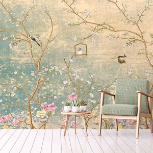 Vintage Chinoiserie Wallpaper with Birds Floral Ancient, Removable Peel and Stick Wallpaper, Asian Wallpaper, Papier Peint Wallpaper, AF001