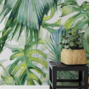 Tropical Green Leaf Wallpaper Mural, Removable Botanical and Jungle Nursery Wallpaper, Custom Funky Wallpaper, Waterproof Peel and Stick