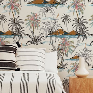 Palm Tree Islands Wallpaper, Traditional or Self-Adhesive Peel & Stick Removable Hawaii Wallpaper, Beach Vacation Tropical Wallpaper