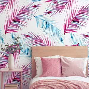 Blue Pink Watercolor Palm Leaves Wallpaper | Peel & Stick, Preppy Tropical Design | Removable Wallpaper for Bathroom, Jungle Nursery - Vinyl