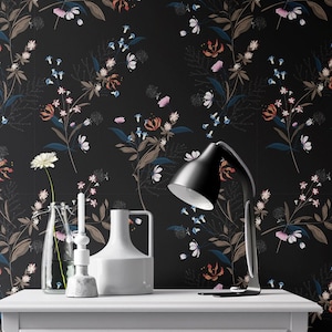 Dark Floral Removable Wallpaper | Modern Botanical Art Wallpaper for Kitchen, Living Room & Home Decor - Vinyl, Dark Vintage Floral Design