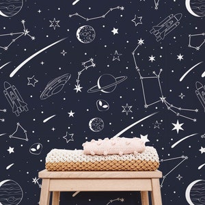 Starry Night Peel and Stick Wallpaper with Dark Galaxy Magic for Nursery of Celestial Stars Moon and More For Boys and Kids Wall Decor