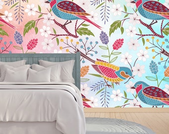 Sparrow With Flowers wall decor Repositionable Sparrow wall mural Reusable Removable MAF022 Peel and stick Leaves removable wallpaper