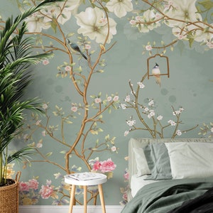 Chinoiserie Magnolia Wallpaper Mural, Traditional or Removable Peel & Stick Wallpaper, White Flowers Chinoiserie Wallpaper, Smooth / Canvas