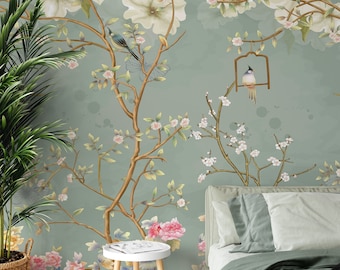 Chinoiserie Magnolia Wallpaper Mural, Traditional or Removable Peel & Stick Wallpaper, White Flowers Chinoiserie Wallpaper, Smooth / Canvas