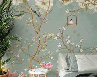 Chinoiserie Magnolia Wallpaper Mural, Traditional or Removable Peel & Stick Wallpaper, White Flowers Chinoiserie Wallpaper, Smooth / Canvas