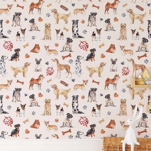Whimsical Dog Wallpaper, Animal Print Wall Art, Peel and Stick Wallpaper, Nursery and Kids Room Decor, Colorful Wall Art for Dog Lovers
