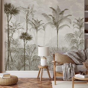 Boho Tropical Wallpaper Mural, Neutral Palm Leaf Wall Art, Minimalist Jungle Peel and Stick Wallpaper, Aesthetic Nature Room Wall Decor