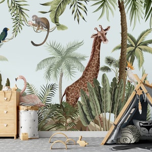 Jungle Safari Animals Wallpaper with Tropical Forest Animal Mural Wall Cover Roll of Flamingo Giraffe Monkey for Kids Room Playroom