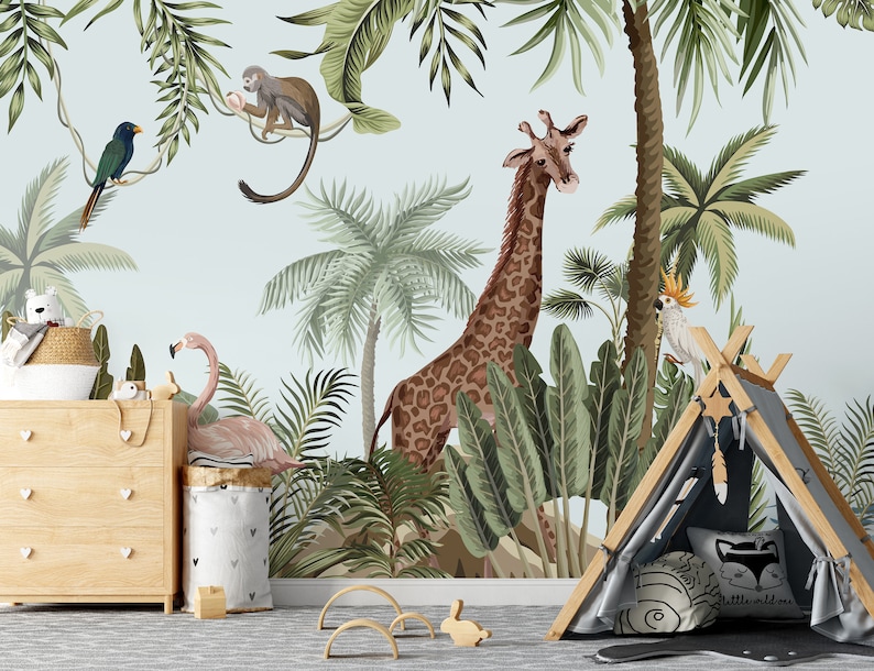 Jungle Safari Animals Wallpaper with Tropical Forest Animal Mural Wall Cover Roll of Flamingo Giraffe Monkey for Kids Room Playroom