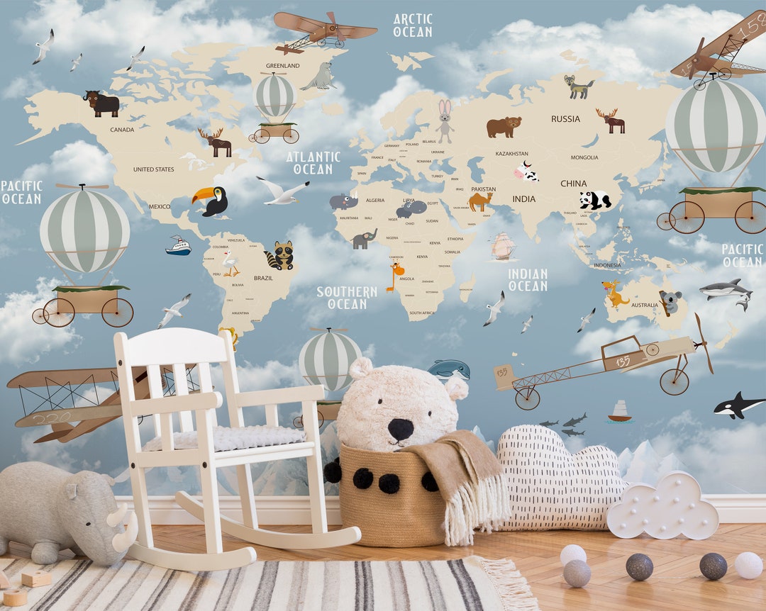 Animal World Map Wallpaper Mural With Hot Air Balloon and - Etsy