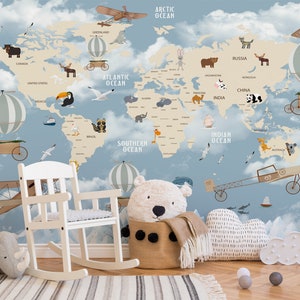 Adventure Nursery Wallpaper | Vintage Airplane, Hot Air Balloon & Animal World Map for Kids Playful Blue Theme - Nursery And Playroom Decor