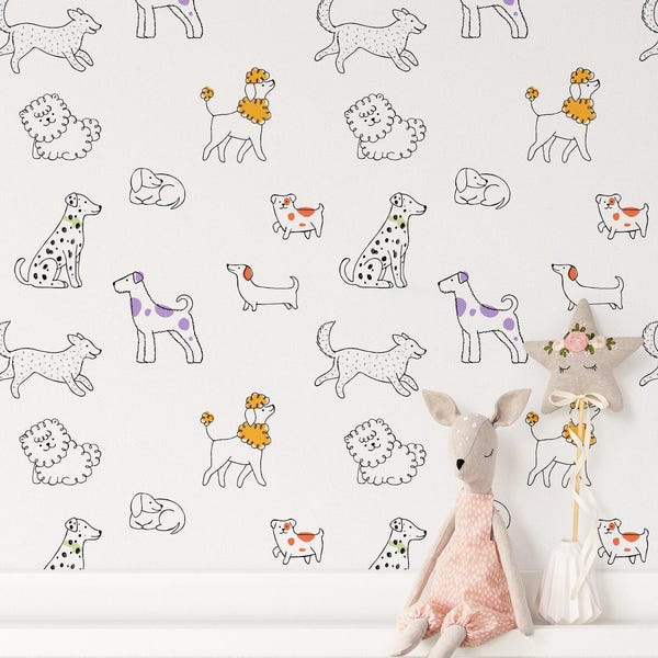 Kids Room Puppy Dog Pattern Wallpaper, Playful Poodle Print, Self Adhesive Home Decor
