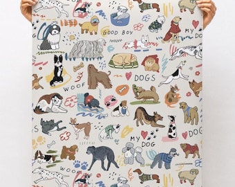 Hondenbehang, speels hondenbehang, grappig hondenbehang voor de kinderkamer van een jongen, zelfklevend hondenbehang voor peuters, leuk kleurrijk behang, schattige hond