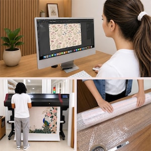May include: A composite image showing a computer monitor displaying a floral pattern, a large format printer producing a peacock print, and hands wrapping a rolled item in clear bubble wrap on a wooden surface.