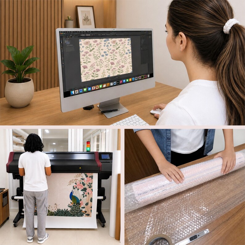 May include: A composite image showing a computer monitor displaying a floral pattern, a large format printer producing a peacock print, and hands wrapping a rolled item in clear bubble wrap on a wooden surface.