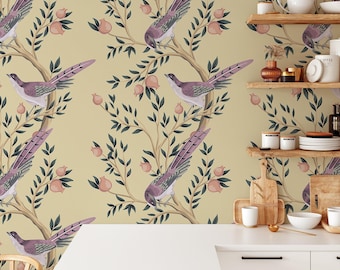 Vintage Bird Floral Wallpaper, Botanical Branch Peel and Stick Mural (Removable Decor)