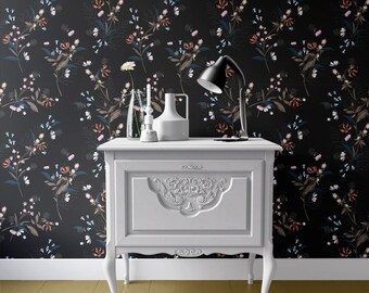 Dark Floral Wallpaper, Moody Botanical Peel and Stick Wall Mural (Removable)