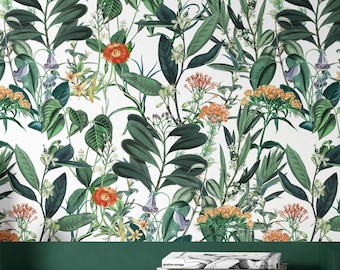 Peel and Stick Removable Wallpaper, Spring Bouquet Leaves and Flowers Wall Art for Living Room Decor, Watercolor Botanical Floral Wall Mural