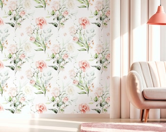 Pink Floral Peel and Stick Wallpaper Removable Rose Wall Decor Cottagecore Accent Mural