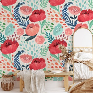 Poppy Watercolour Flower Wallpaper, Peel and Stick Floral Wallpaper, Crimson Poppy Wallpaper, Self Adhesive Repositionable Wallpaper, Af033