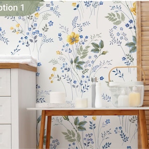 Removable Peel And Stick Wallpaper, Home wall decor Blue Floral Wallpaper, Papier Peint, Botanical Wallpaper, F008