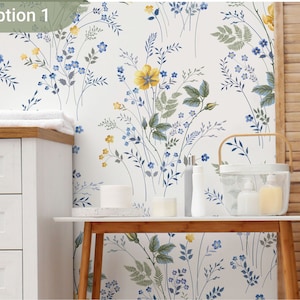 Blue Floral Wallpaper for Home Decor, Yellow Flowers Wall Art for Living Room, Botanical Wallpaper, Removable Peel And Stick Wallpaper